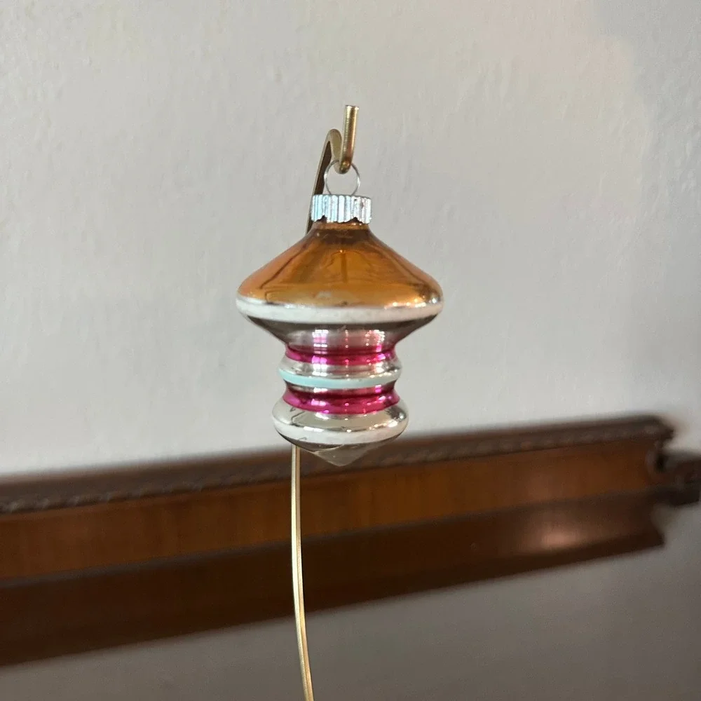 Vintage Shiny Brite Glass Christmas Ornament Striped Top Shape Orange Pink‎